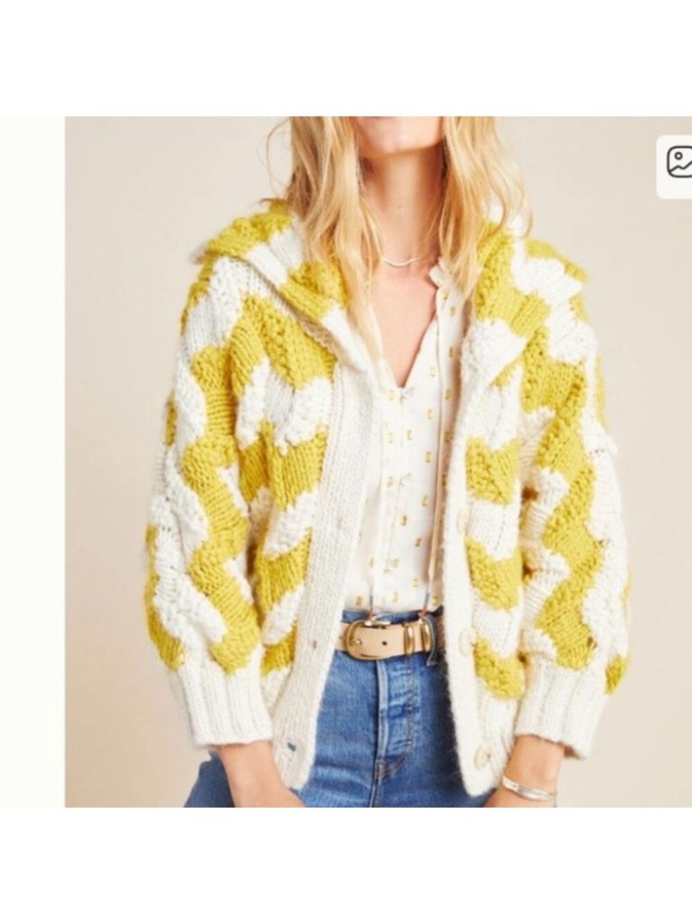 Anthropologie Cardigan Small Gold Cream Alpaca Wool Charley Zig Zag Knit Boho